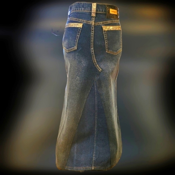 UPCYCLED HANDMADE "LAWMAN" ELEGANT MAXI DENIM & RHINESTONE SKIRT! - Picture 7 of 12